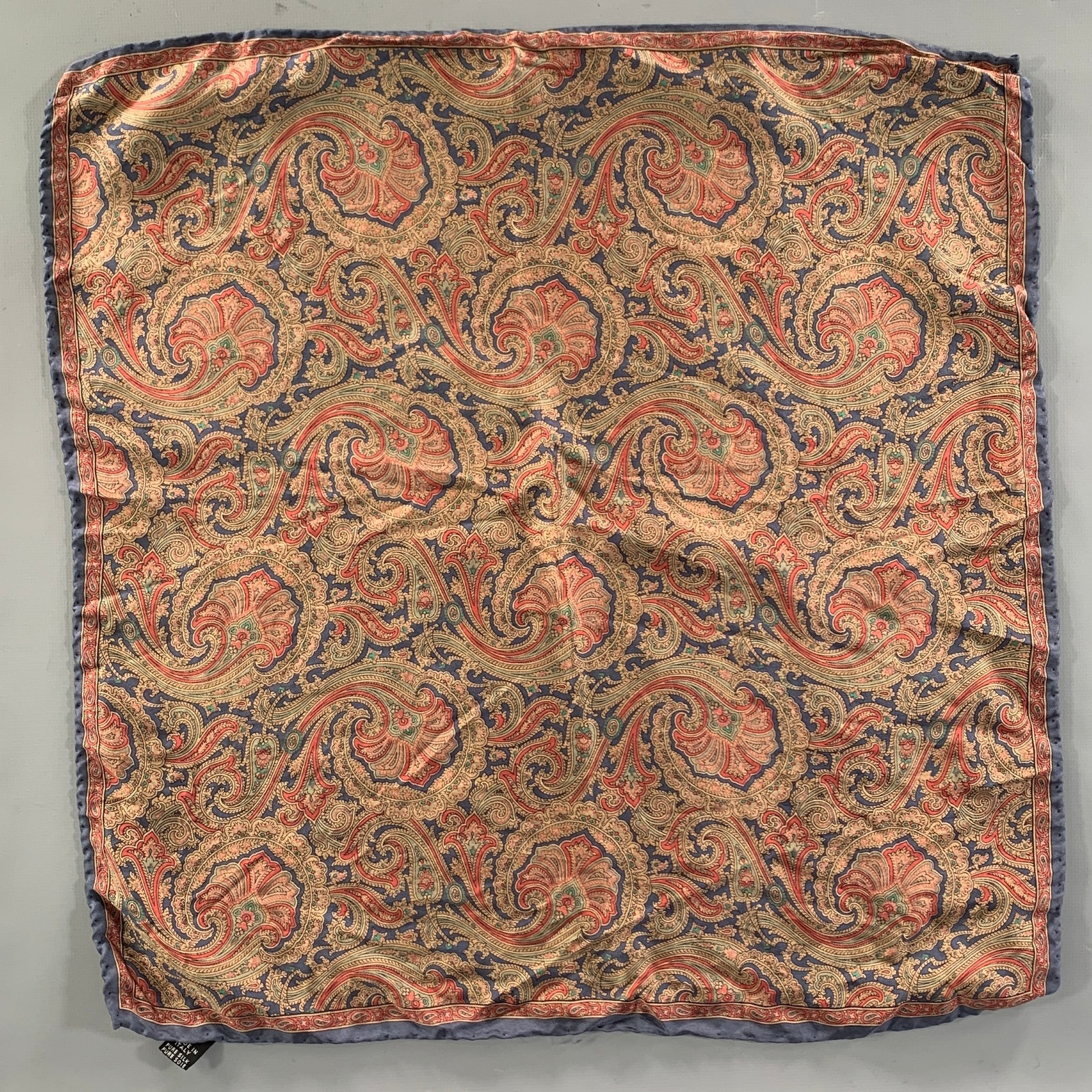 No Brand Navy Tan Paisley Silk Pocket Square